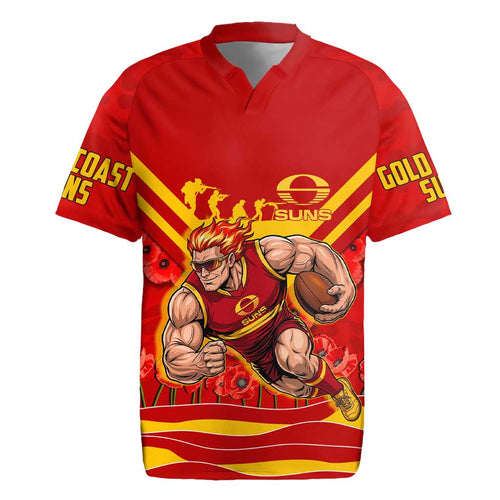 Personalised Gold Coast Suns ANZAC Rugby Jersey Military Remembrance Australian Football Mascot Camouflage