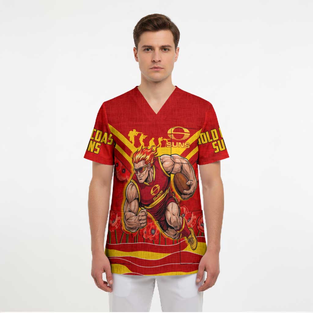 Personalised Gold Coast Suns ANZAC Scrub Top Military Remembrance Australian Football Mascot Camouflage