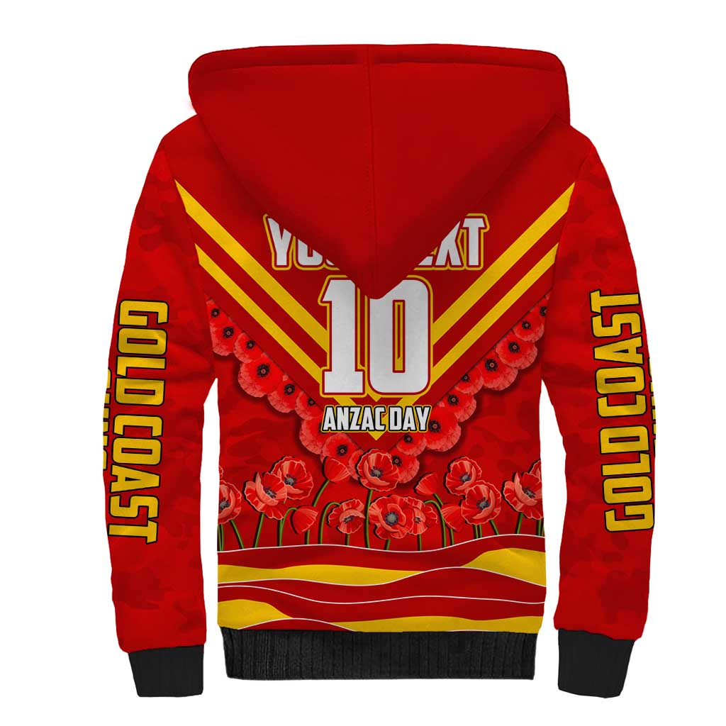 Personalised Gold Coast Suns ANZAC Sherpa Hoodie Military Remembrance Australian Football Mascot Camouflage