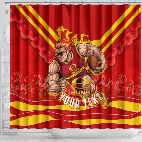 Personalised Gold Coast Suns ANZAC Shower Curtain Military Remembrance Australian Football Mascot Camouflage