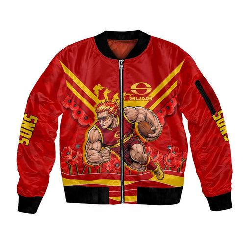 Personalised Gold Coast Suns ANZAC Sleeve Zip Bomber Jacket Military Remembrance Australian Football Mascot Camouflage
