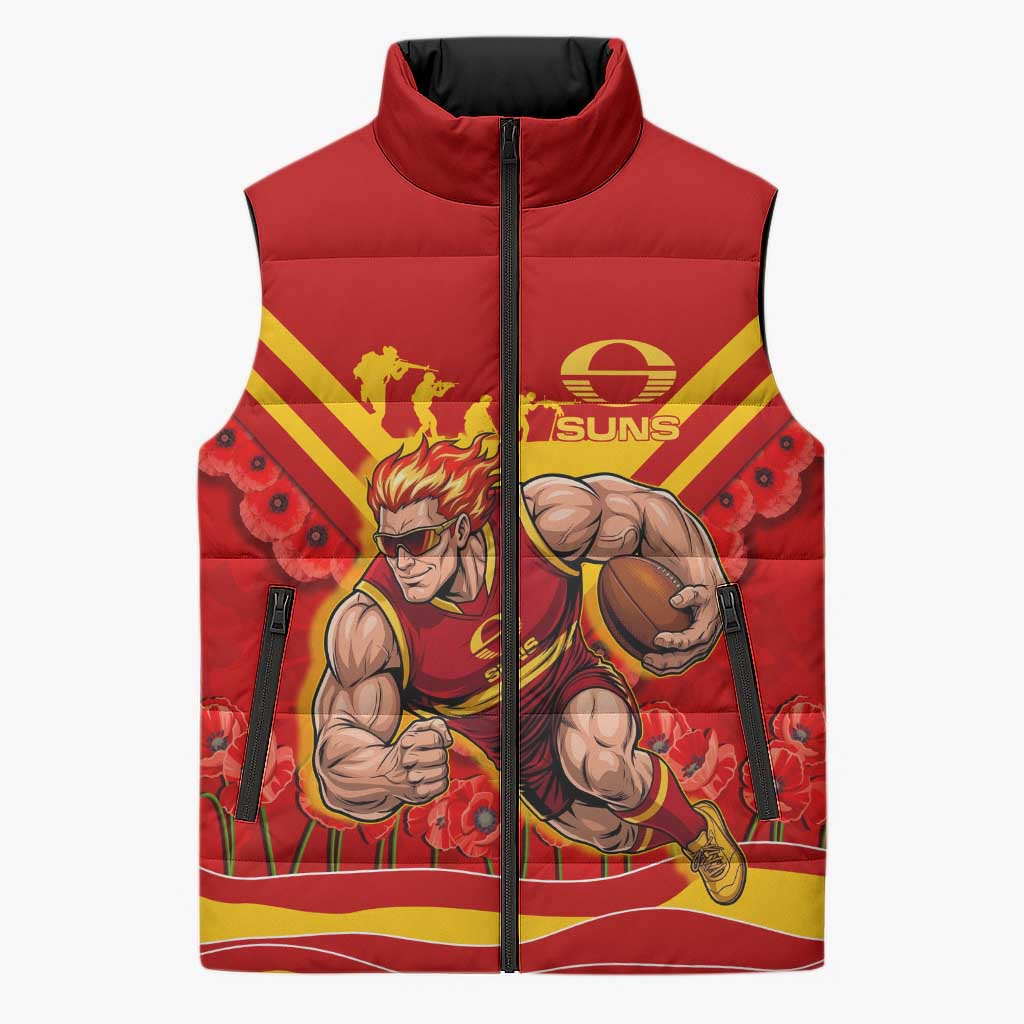 Personalised Gold Coast Suns ANZAC Sleeveless Puffer Jacket Military Remembrance Australian Football Mascot Camouflage