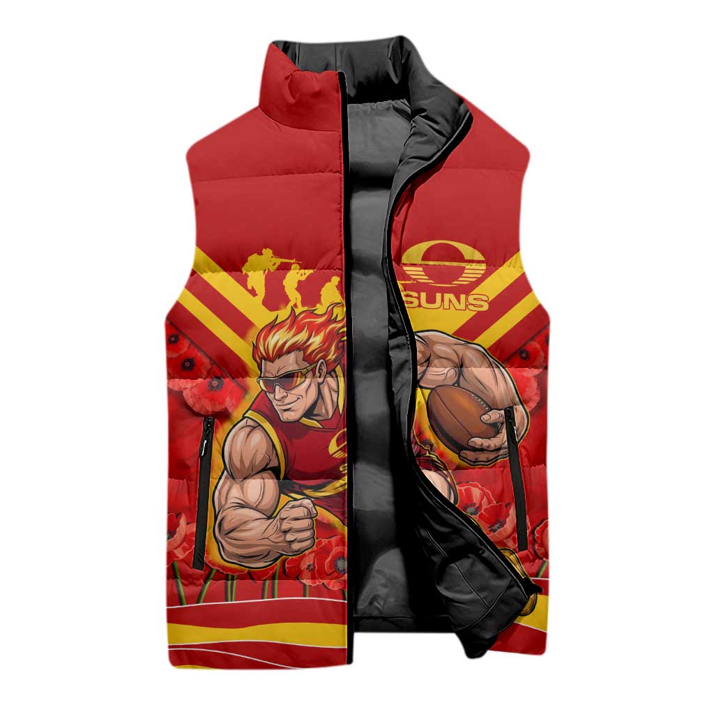 Personalised Gold Coast Suns ANZAC Sleeveless Puffer Jacket Military Remembrance Australian Football Mascot Camouflage