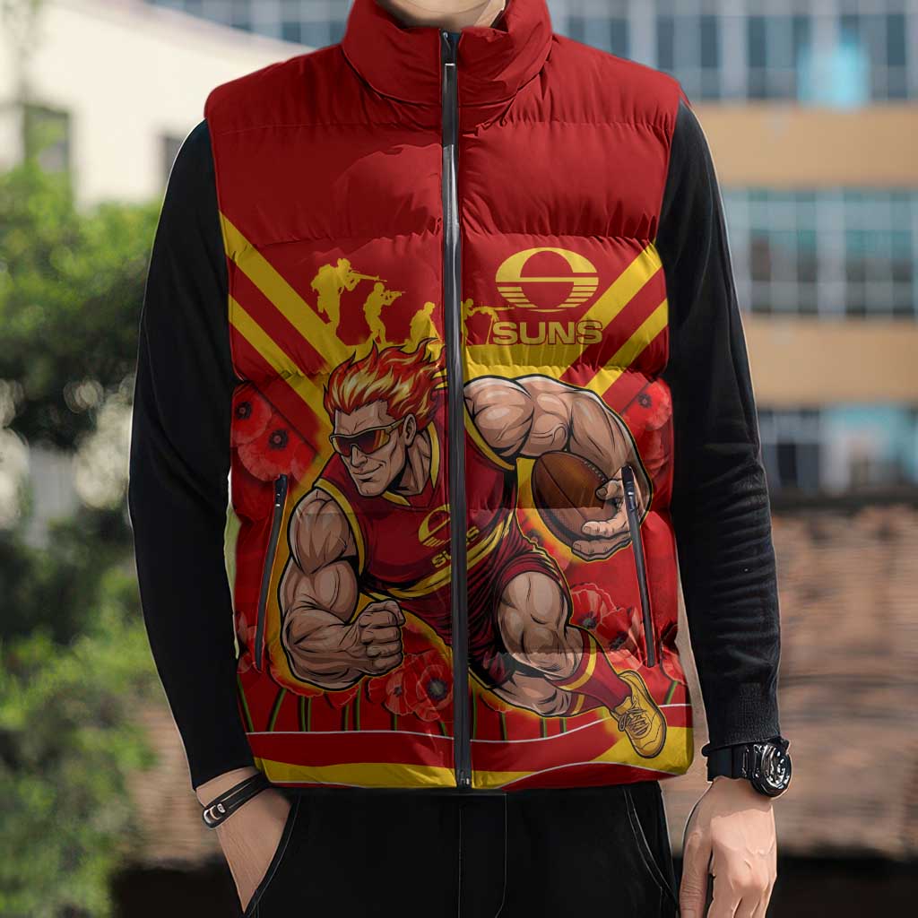 Personalised Gold Coast Suns ANZAC Sleeveless Puffer Jacket Military Remembrance Australian Football Mascot Camouflage