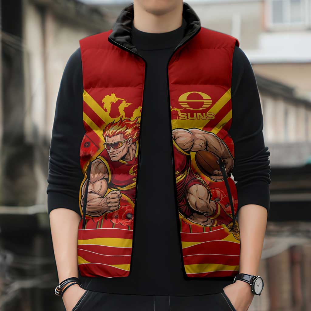Personalised Gold Coast Suns ANZAC Sleeveless Puffer Jacket Military Remembrance Australian Football Mascot Camouflage