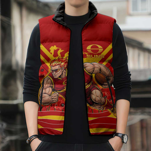 Personalised Gold Coast Suns ANZAC Sleeveless Puffer Jacket Military Remembrance Australian Football Mascot Camouflage