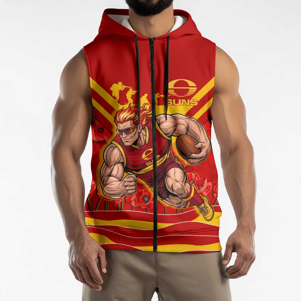 Personalised Gold Coast Suns ANZAC Sleeveless Zip Hoodie Military Remembrance Australian Football Mascot Camouflage