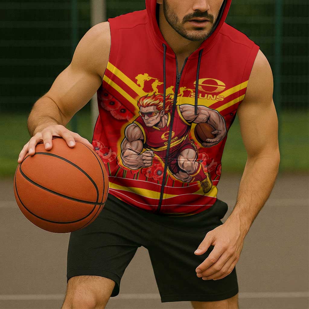 Personalised Gold Coast Suns ANZAC Sleeveless Zip Hoodie Military Remembrance Australian Football Mascot Camouflage