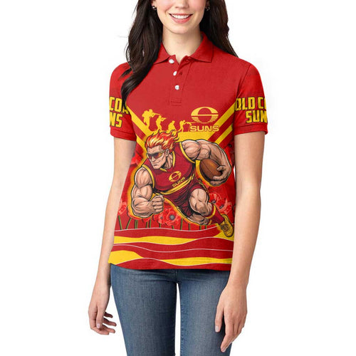 Personalised Gold Coast Suns ANZAC Women Polo Shirt Military Remembrance Australian Football Mascot Camouflage