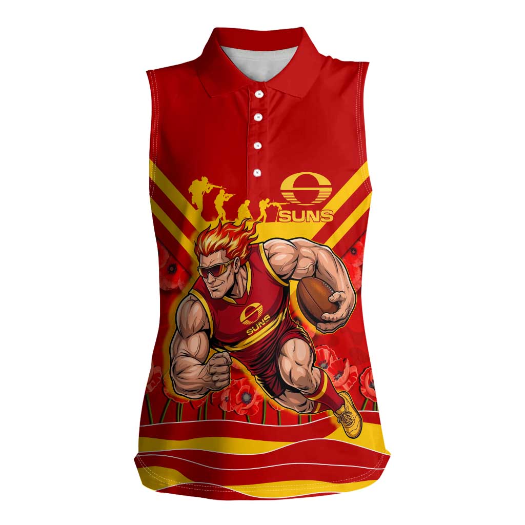 Personalised Gold Coast Suns ANZAC Women Sleeveless Polo Shirt Military Remembrance Australian Football Mascot Camouflage