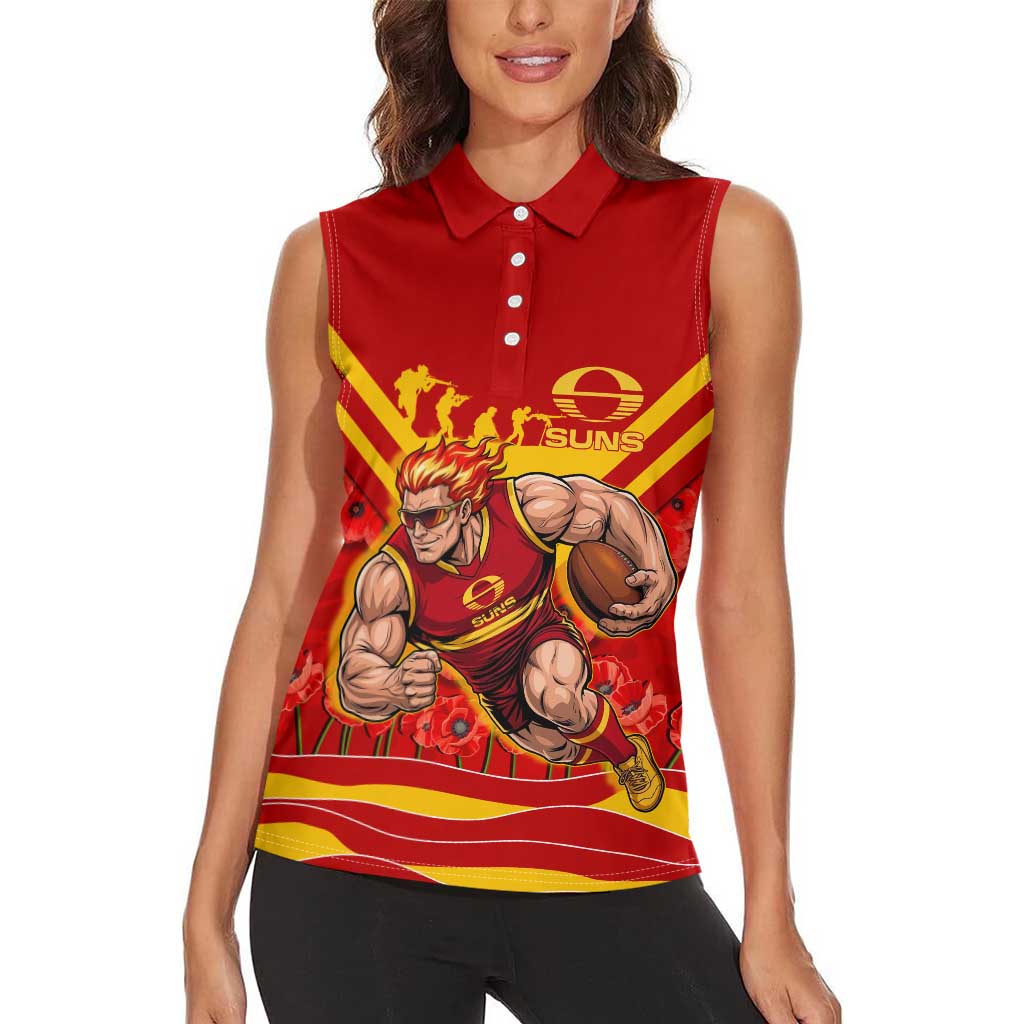 Personalised Gold Coast Suns ANZAC Women Sleeveless Polo Shirt Military Remembrance Australian Football Mascot Camouflage