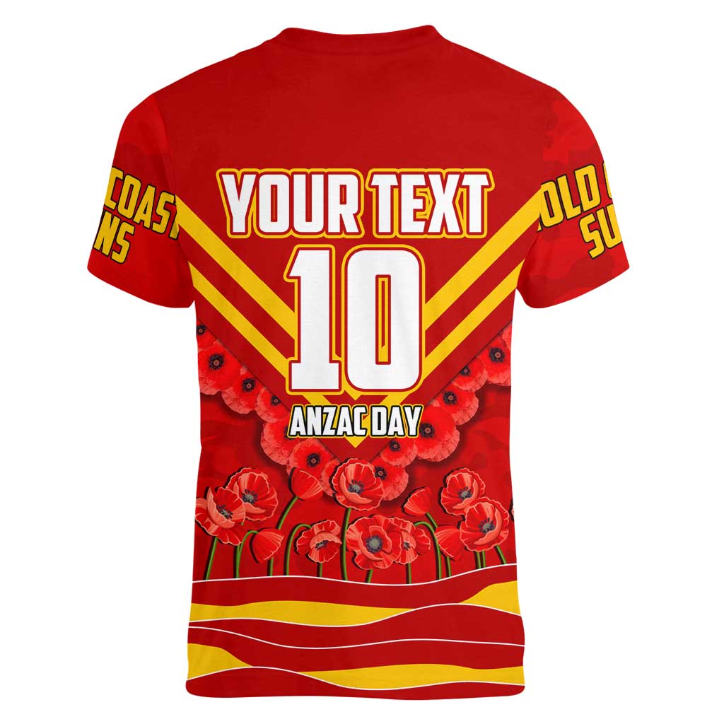 Personalised Gold Coast Suns ANZAC Women V-Neck T-Shirt Military Remembrance Australian Football Mascot Camouflage