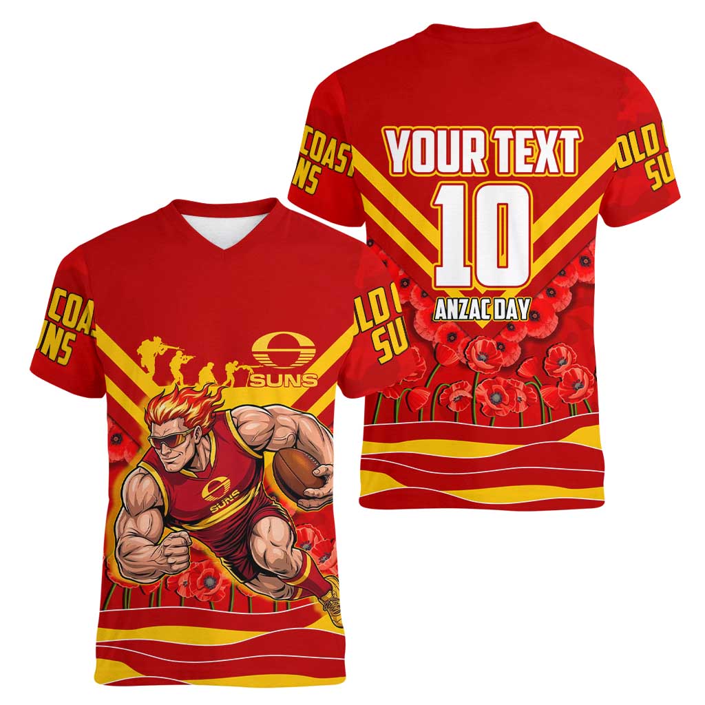 Personalised Gold Coast Suns ANZAC Women V-Neck T-Shirt Military Remembrance Australian Football Mascot Camouflage
