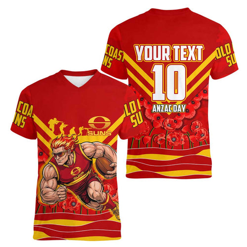 Personalised Gold Coast Suns ANZAC Women V-Neck T-Shirt Military Remembrance Australian Football Mascot Camouflage