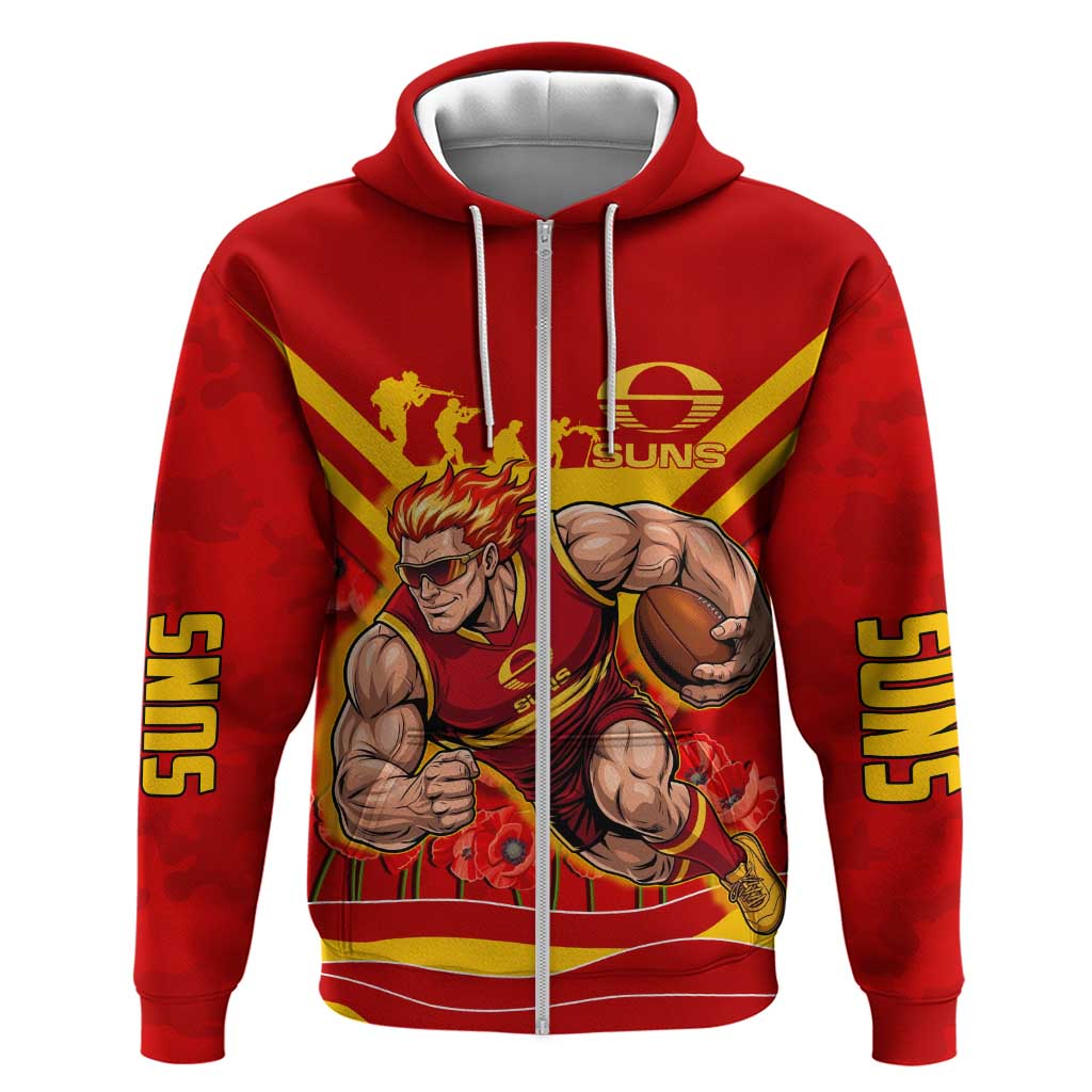 Personalised Gold Coast Suns ANZAC Zip Hoodie Military Remembrance Australian Football Mascot Camouflage