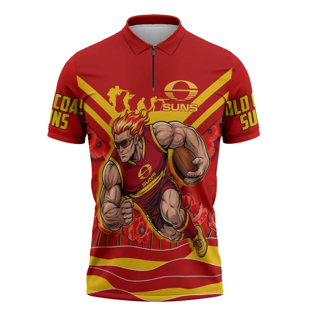 Personalised Gold Coast Suns ANZAC Zipper Polo Shirt Military Remembrance Australian Football Mascot Camouflage