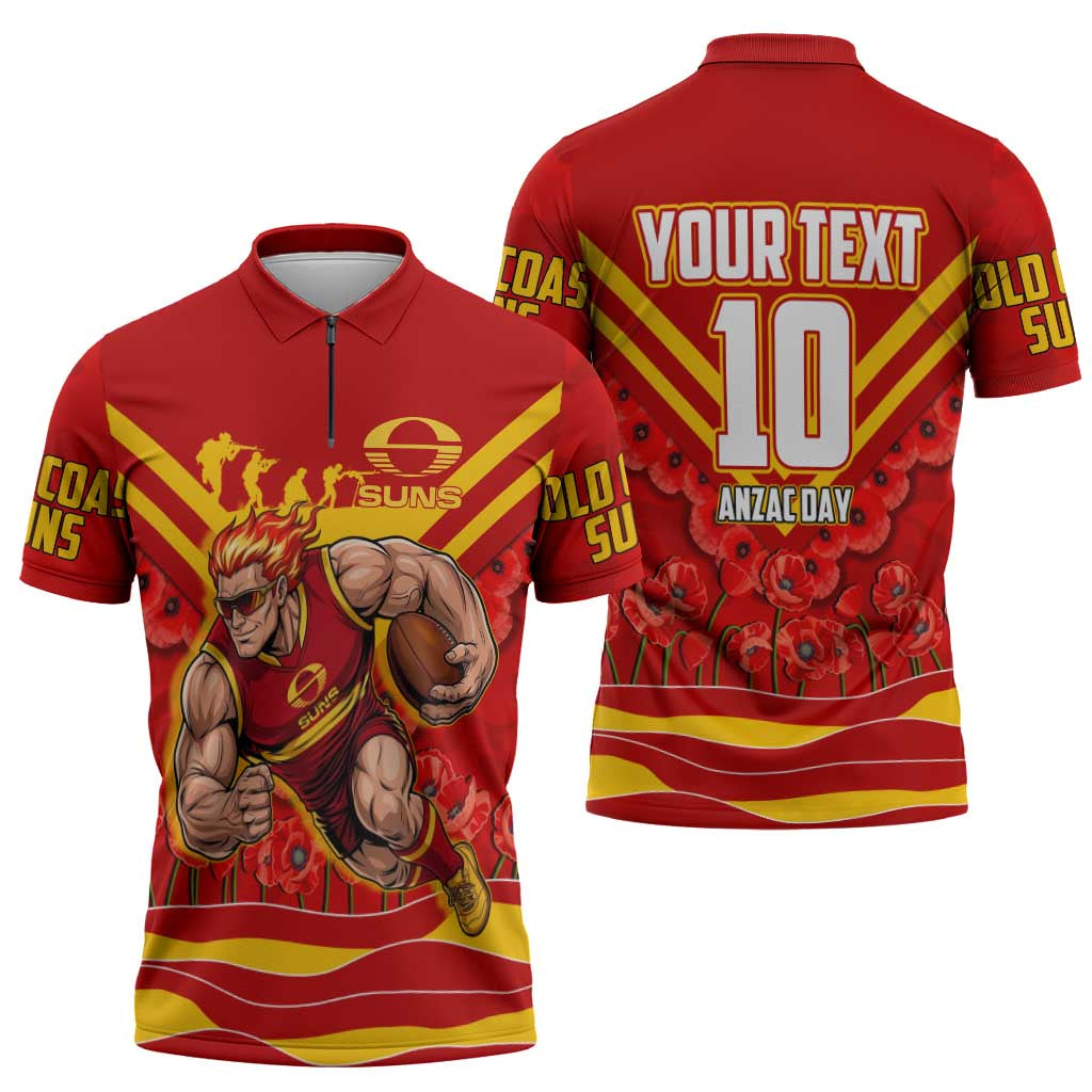 Personalised Gold Coast Suns ANZAC Zipper Polo Shirt Military Remembrance Australian Football Mascot Camouflage