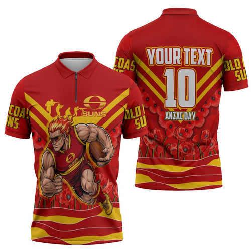 Personalised Gold Coast Suns ANZAC Zipper Polo Shirt Military Remembrance Australian Football Mascot Camouflage