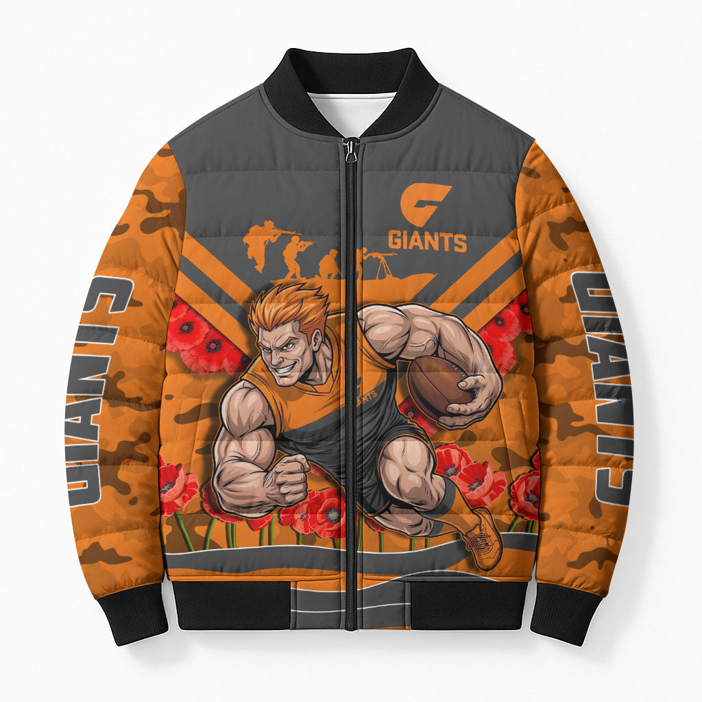 Personalised Greater Western Sydney Giants ANZAC Bomber Puffer Jacket Military Remembrance Australian Football Mascot Camouflage