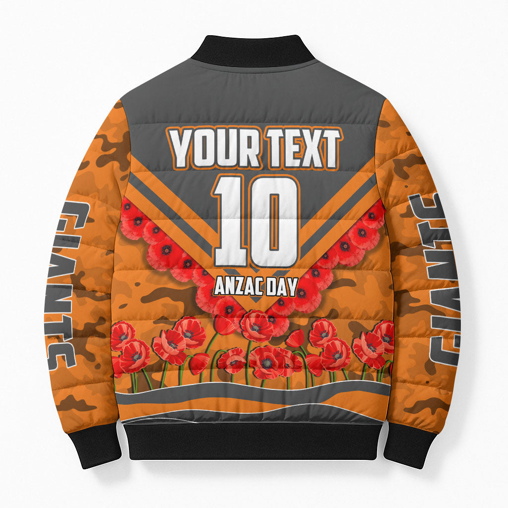 Personalised Greater Western Sydney Giants ANZAC Bomber Puffer Jacket Military Remembrance Australian Football Mascot Camouflage