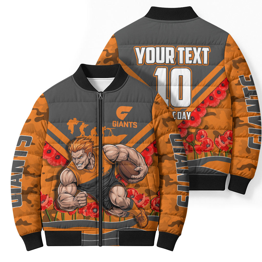 Personalised Greater Western Sydney Giants ANZAC Bomber Puffer Jacket Military Remembrance Australian Football Mascot Camouflage
