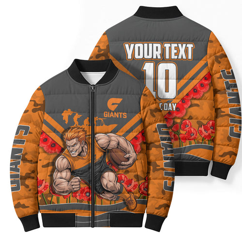 Personalised Greater Western Sydney Giants ANZAC Bomber Puffer Jacket Military Remembrance Australian Football Mascot Camouflage