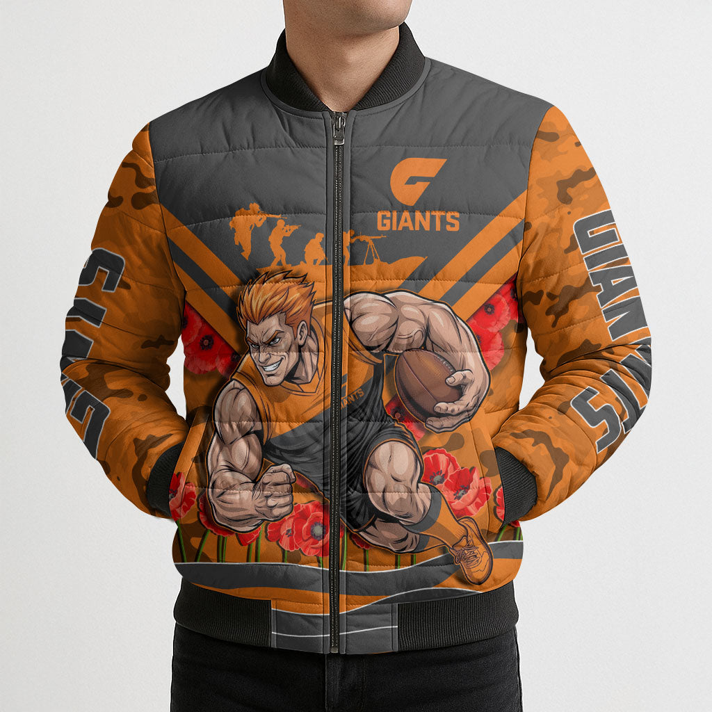 Personalised Greater Western Sydney Giants ANZAC Bomber Puffer Jacket Military Remembrance Australian Football Mascot Camouflage