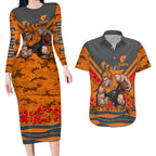 Personalised Greater Western Sydney Giants ANZAC Couples Matching Long Sleeve Bodycon Dress and Hawaiian Shirt Military Remembrance Australian Football Mascot Camouflage