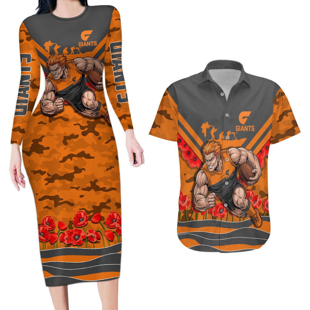 Personalised Greater Western Sydney Giants ANZAC Couples Matching Long Sleeve Bodycon Dress and Hawaiian Shirt Military Remembrance Australian Football Mascot Camouflage