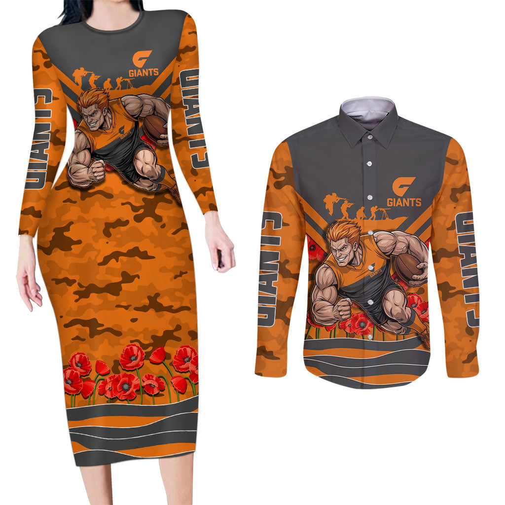 Personalised Greater Western Sydney Giants ANZAC Couples Matching Long Sleeve Bodycon Dress and Long Sleeve Button Shirt Military Remembrance Australian Football Mascot Camouflage