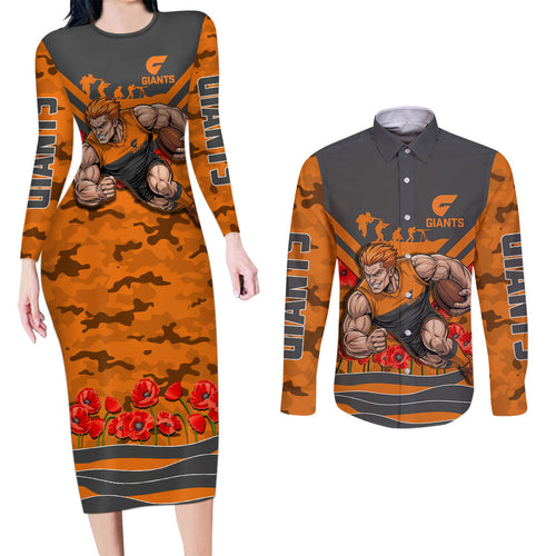 Personalised Greater Western Sydney Giants ANZAC Couples Matching Long Sleeve Bodycon Dress and Long Sleeve Button Shirt Military Remembrance Australian Football Mascot Camouflage
