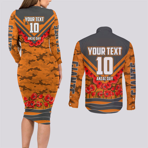 Personalised Greater Western Sydney Giants ANZAC Couples Matching Long Sleeve Bodycon Dress and Long Sleeve Button Shirt Military Remembrance Australian Football Mascot Camouflage
