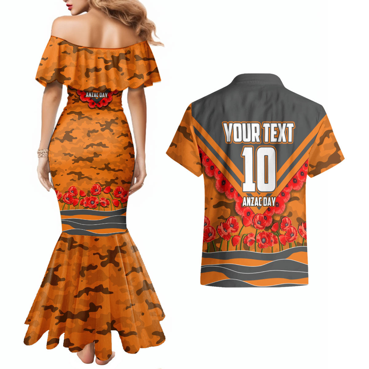 Personalised Greater Western Sydney Giants ANZAC Couples Matching Mermaid Dress and Hawaiian Shirt Military Remembrance Australian Football Mascot Camouflage