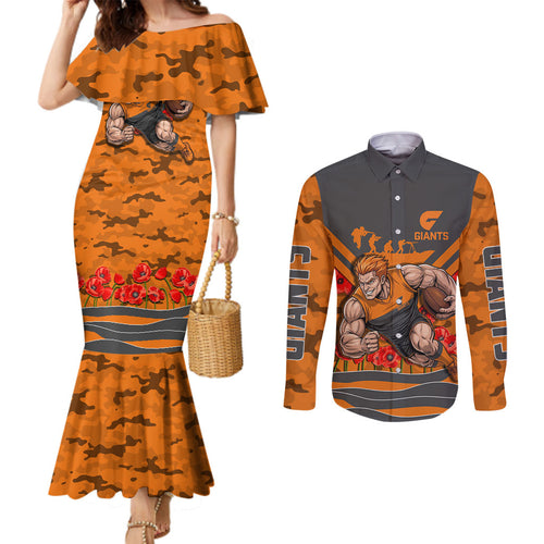 Personalised Greater Western Sydney Giants ANZAC Couples Matching Mermaid Dress and Long Sleeve Button Shirt Military Remembrance Australian Football Mascot Camouflage