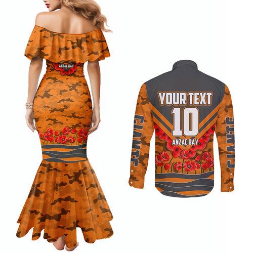 Personalised Greater Western Sydney Giants ANZAC Couples Matching Mermaid Dress and Long Sleeve Button Shirt Military Remembrance Australian Football Mascot Camouflage
