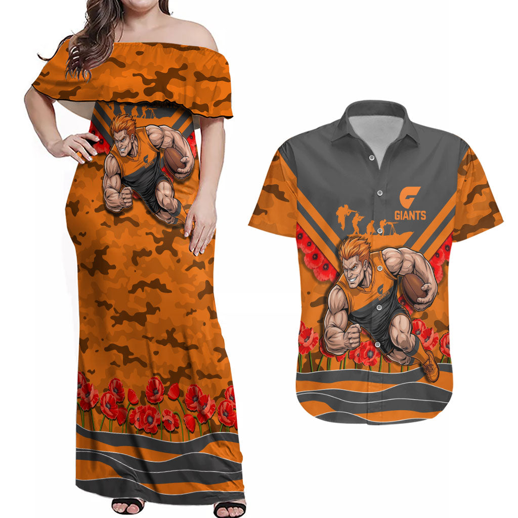 Personalised Greater Western Sydney Giants ANZAC Couples Matching Off Shoulder Maxi Dress and Hawaiian Shirt Military Remembrance Australian Football Mascot Camouflage
