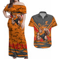 Personalised Greater Western Sydney Giants ANZAC Couples Matching Off Shoulder Maxi Dress and Hawaiian Shirt Military Remembrance Australian Football Mascot Camouflage