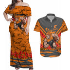 Personalised Greater Western Sydney Giants ANZAC Couples Matching Off Shoulder Maxi Dress and Hawaiian Shirt Military Remembrance Australian Football Mascot Camouflage