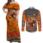 Personalised Greater Western Sydney Giants ANZAC Couples Matching Off Shoulder Maxi Dress and Long Sleeve Button Shirt Military Remembrance Australian Football Mascot Camouflage