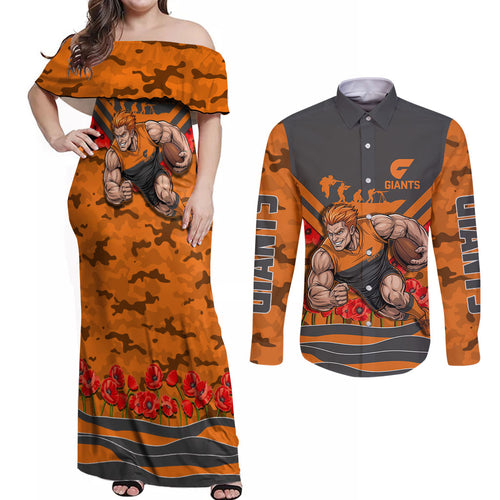 Personalised Greater Western Sydney Giants ANZAC Couples Matching Off Shoulder Maxi Dress and Long Sleeve Button Shirt Military Remembrance Australian Football Mascot Camouflage