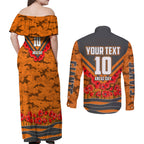 Personalised Greater Western Sydney Giants ANZAC Couples Matching Off Shoulder Maxi Dress and Long Sleeve Button Shirt Military Remembrance Australian Football Mascot Camouflage