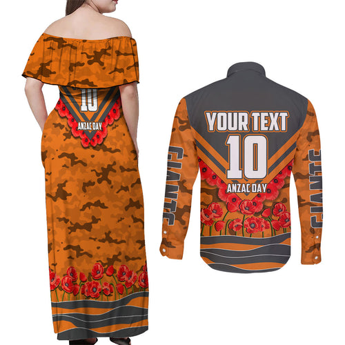 Personalised Greater Western Sydney Giants ANZAC Couples Matching Off Shoulder Maxi Dress and Long Sleeve Button Shirt Military Remembrance Australian Football Mascot Camouflage