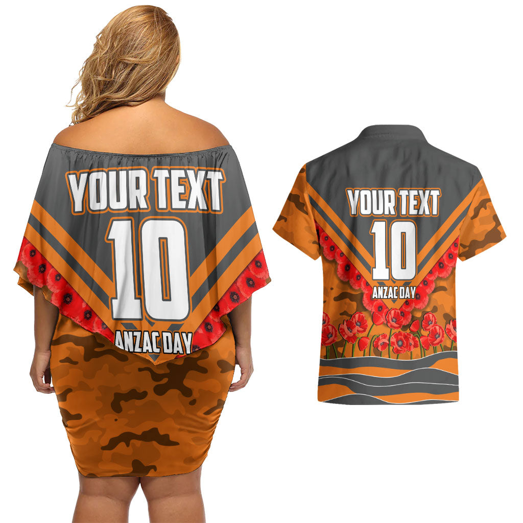 Personalised Greater Western Sydney Giants ANZAC Couples Matching Off Shoulder Short Dress and Hawaiian Shirt Military Remembrance Australian Football Mascot Camouflage