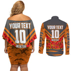 Personalised Greater Western Sydney Giants ANZAC Couples Matching Off Shoulder Short Dress and Long Sleeve Button Shirt Military Remembrance Australian Football Mascot Camouflage