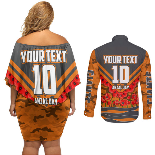 Personalised Greater Western Sydney Giants ANZAC Couples Matching Off Shoulder Short Dress and Long Sleeve Button Shirt Military Remembrance Australian Football Mascot Camouflage