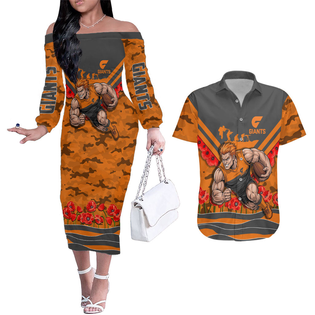 Personalised Greater Western Sydney Giants ANZAC Couples Matching Off The Shoulder Long Sleeve Dress and Hawaiian Shirt Military Remembrance Australian Football Mascot Camouflage