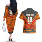 Personalised Greater Western Sydney Giants ANZAC Couples Matching Off The Shoulder Long Sleeve Dress and Hawaiian Shirt Military Remembrance Australian Football Mascot Camouflage