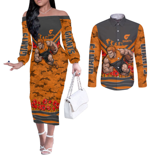 Personalised Greater Western Sydney Giants ANZAC Couples Matching Off The Shoulder Long Sleeve Dress and Long Sleeve Button Shirt Military Remembrance Australian Football Mascot Camouflage