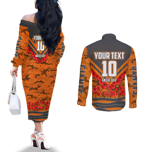 Personalised Greater Western Sydney Giants ANZAC Couples Matching Off The Shoulder Long Sleeve Dress and Long Sleeve Button Shirt Military Remembrance Australian Football Mascot Camouflage