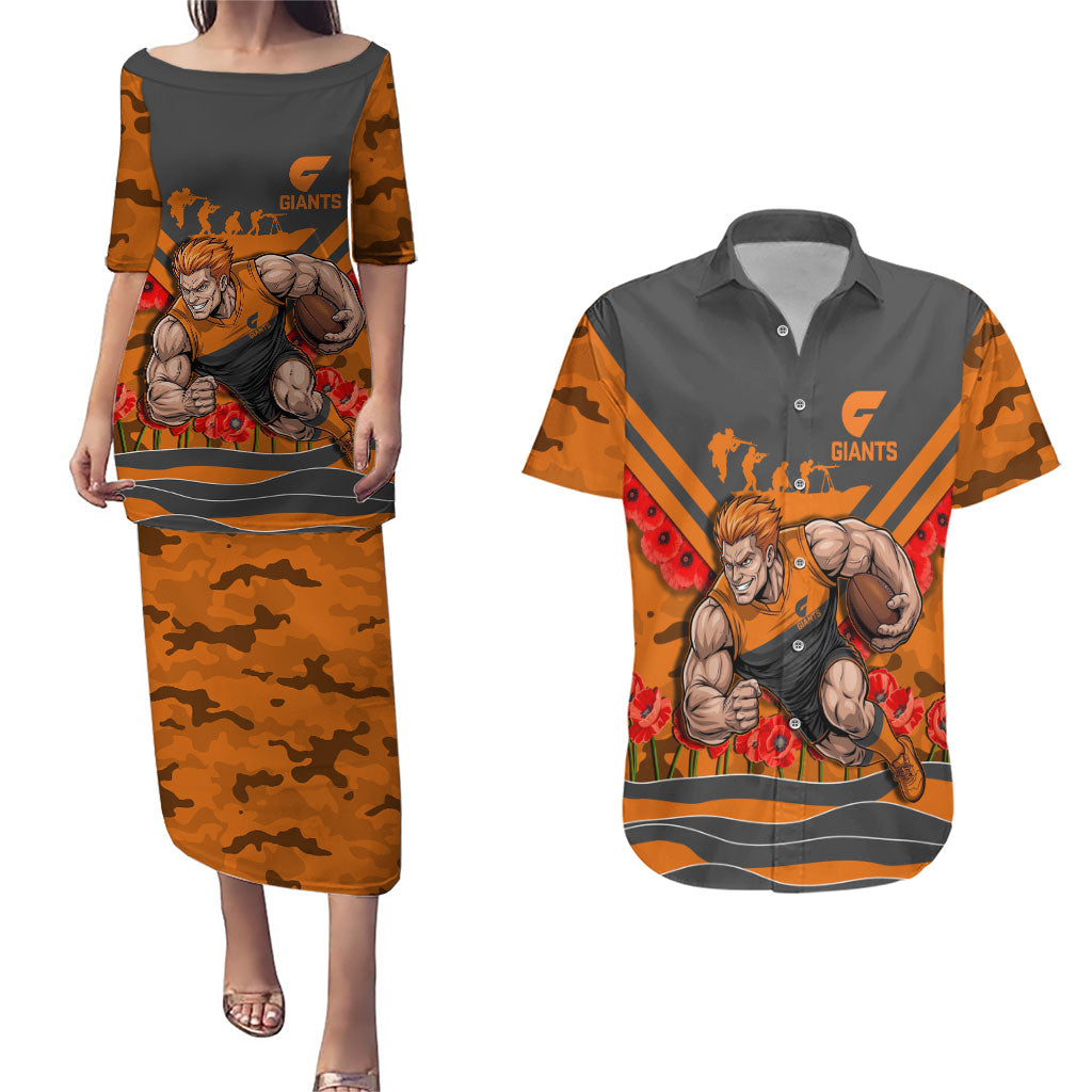 Personalised Greater Western Sydney Giants ANZAC Couples Matching Puletasi and Hawaiian Shirt Military Remembrance Australian Football Mascot Camouflage